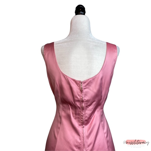 Vintage 1960’s Handsewn Homemade Pink Plunge Satin Sleeveless Midi Dress [Sz 12] - Picture 13 of 16
